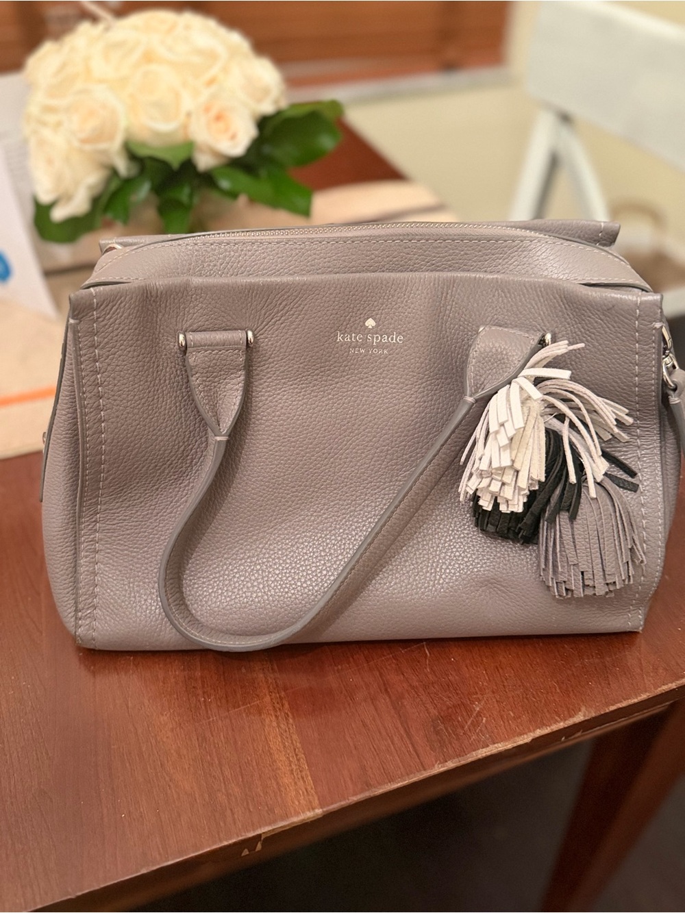 kate spade Gray Pebbled Leather Satchel with Multicolor Tassel